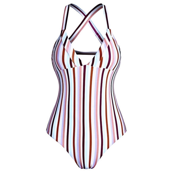 Striped ✦ Criss-Cross One Piece Swimsuit ✦ Scoop Neck + Padded Open Back S NWT - Picture 2 of 11